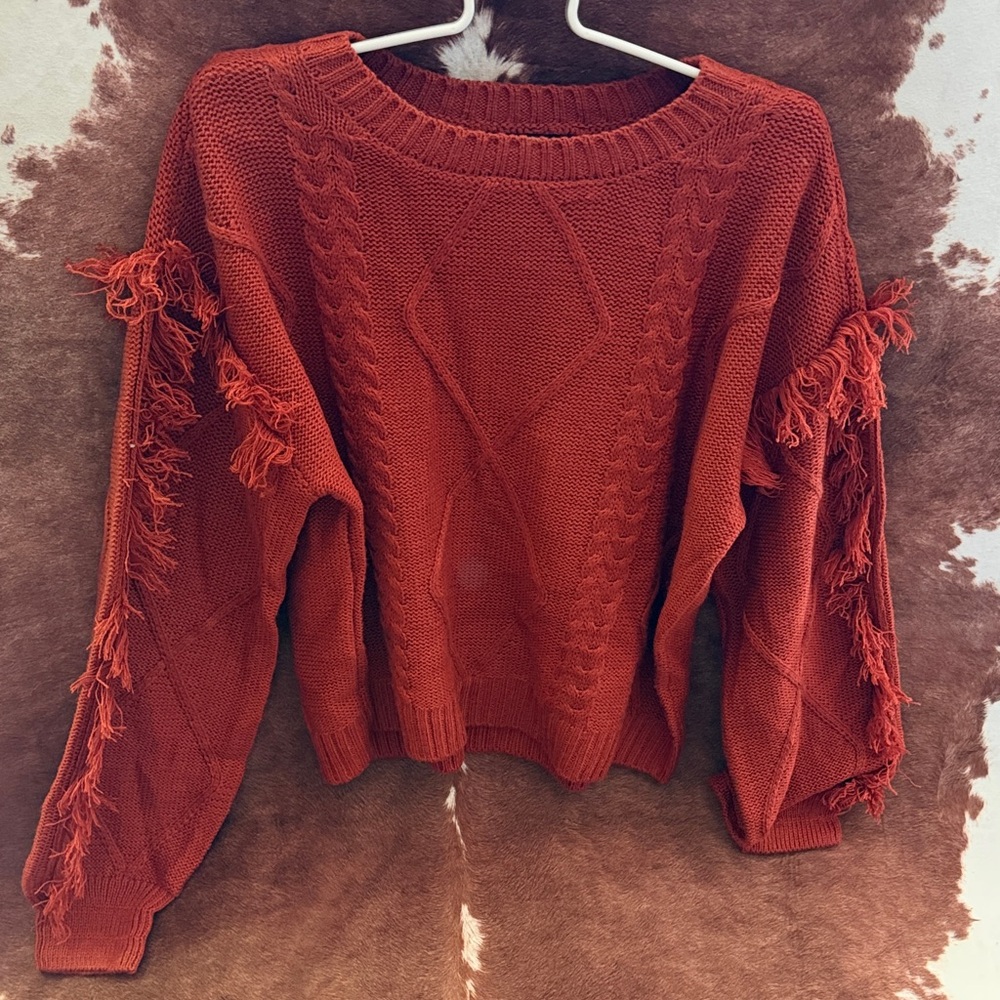 Rust Fringed Cable Knit Sweater